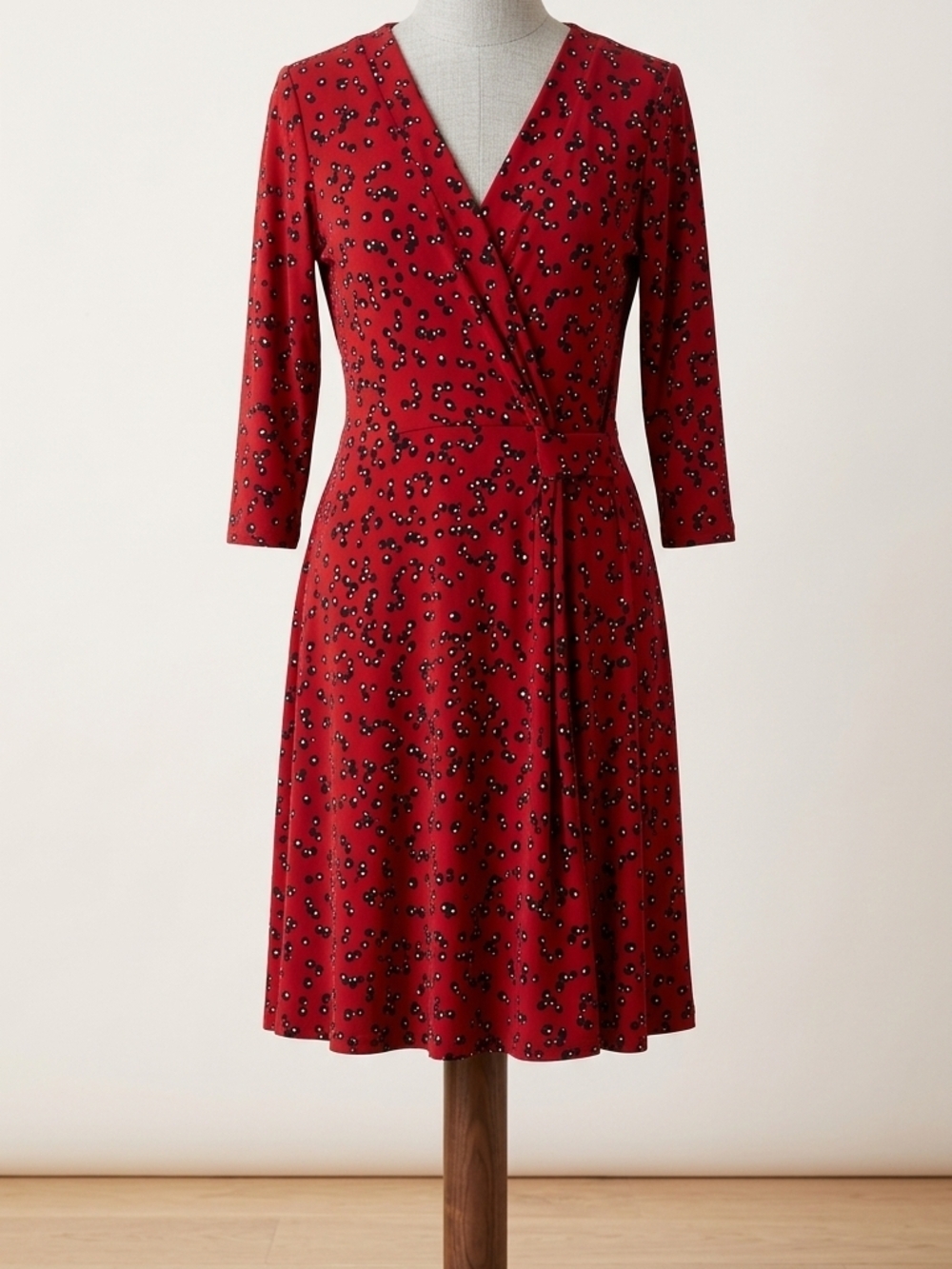 Red Patterned Wrap Dress with Three-Quarter Sleeves